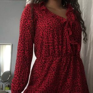 Cute Red chetah printed long sleeve v-neck romper